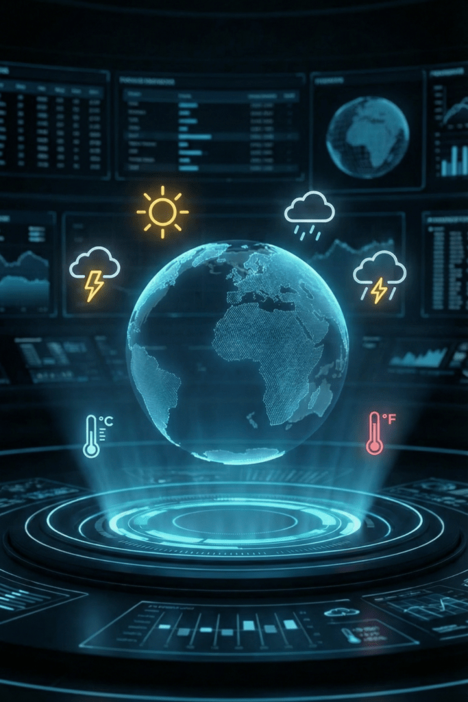Visualisation météo immersive en 3D montrant des données climatiques transformées en univers visuel interactif.