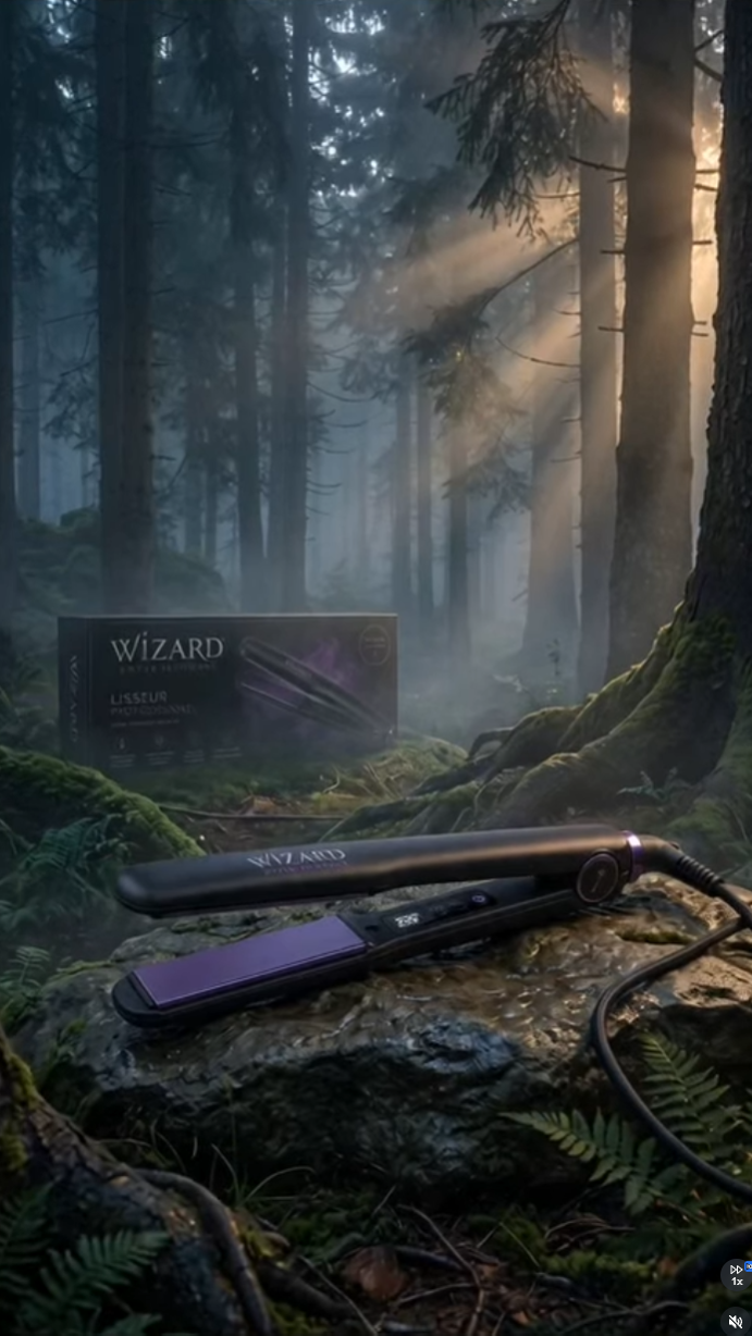 Lisseur Wizard mis en scène IA/CGI dans une forêt enchantée
